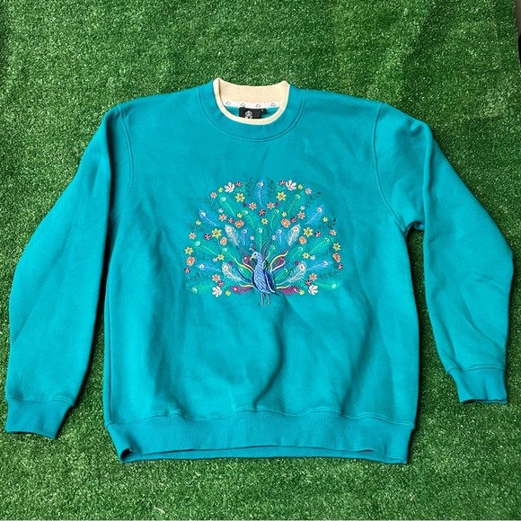 Vintage 1990s Peacock Feather Cute Crewneck Sweater / Double Collar Embroidered - Picture 1 of 8
